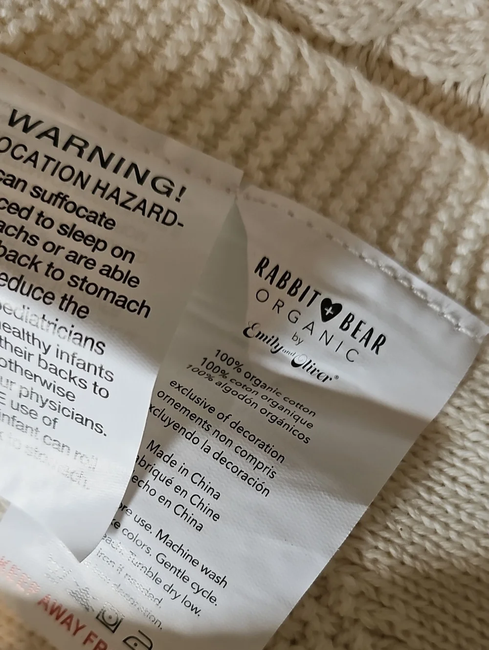NWOT Rabbit+Bear Organic Cotton Baby Blanket By Emily And Oliver